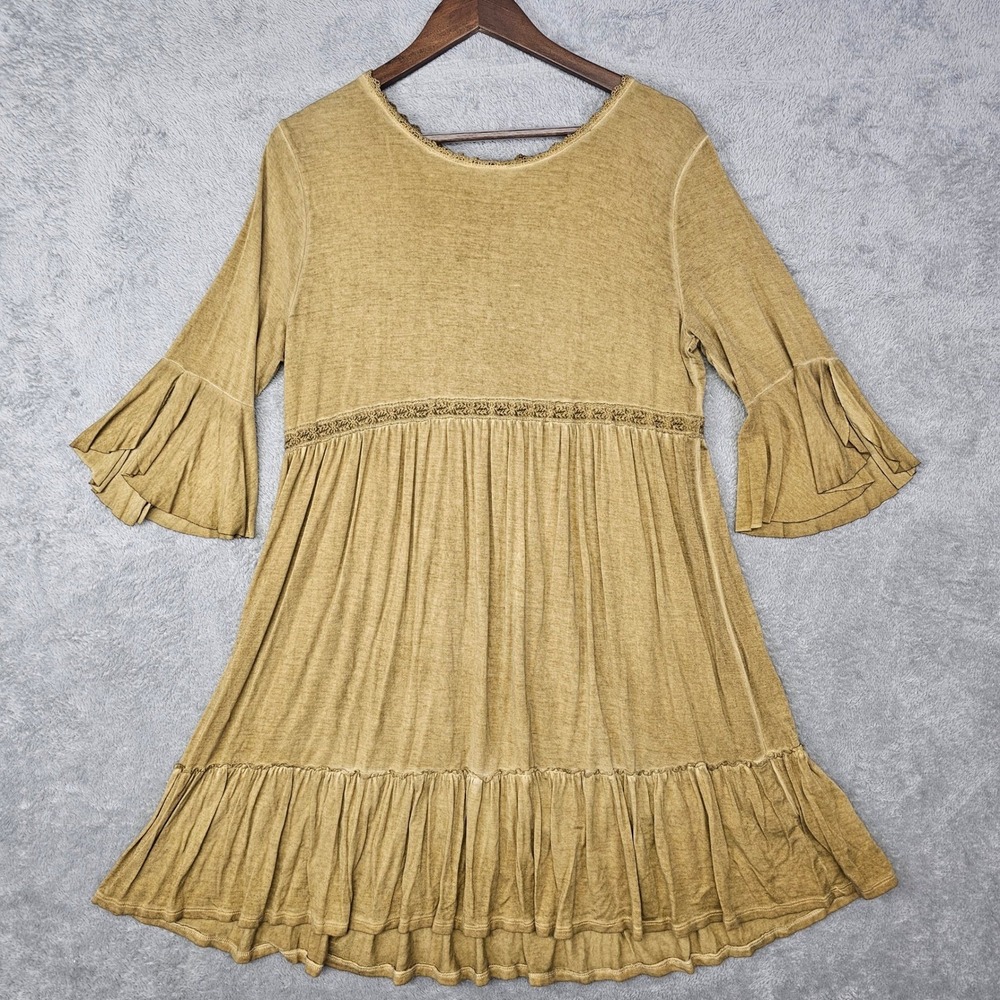 Umgee Mustard Mineral Wash Boho Babydoll Lace Up Dress Medium‎ NEW